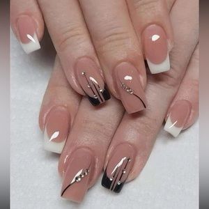 French tip, pin stripe & Rhinestone press on Nail & 1pc sheet Tape & Nail File